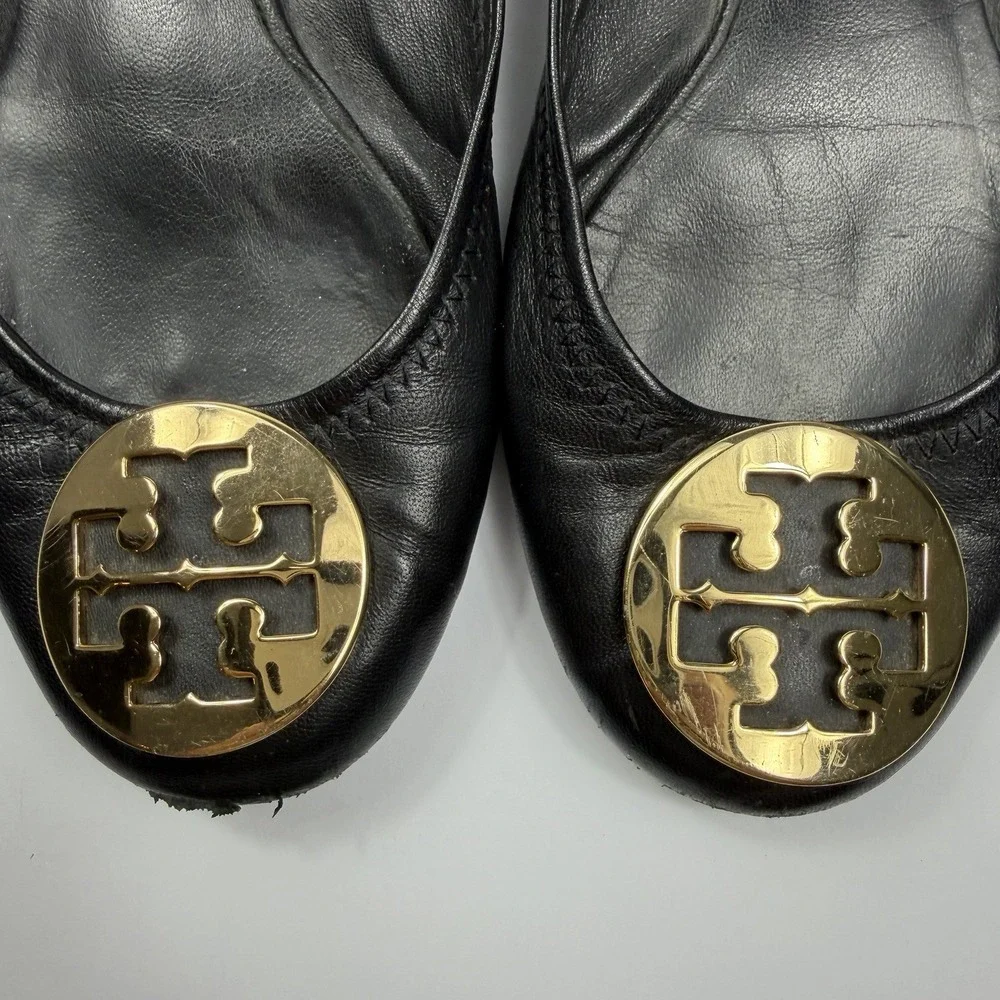 Tory Burch Reva Ballet Flats Womens 7.5 Black Leather Gold Logo Slip On Shoes - Picture 8 of 9